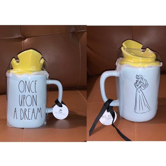Rae Dunn ONCE UPON A DREAM Mug - Double sided Blue Gold Princess Crown topper - Picture 1 of 5